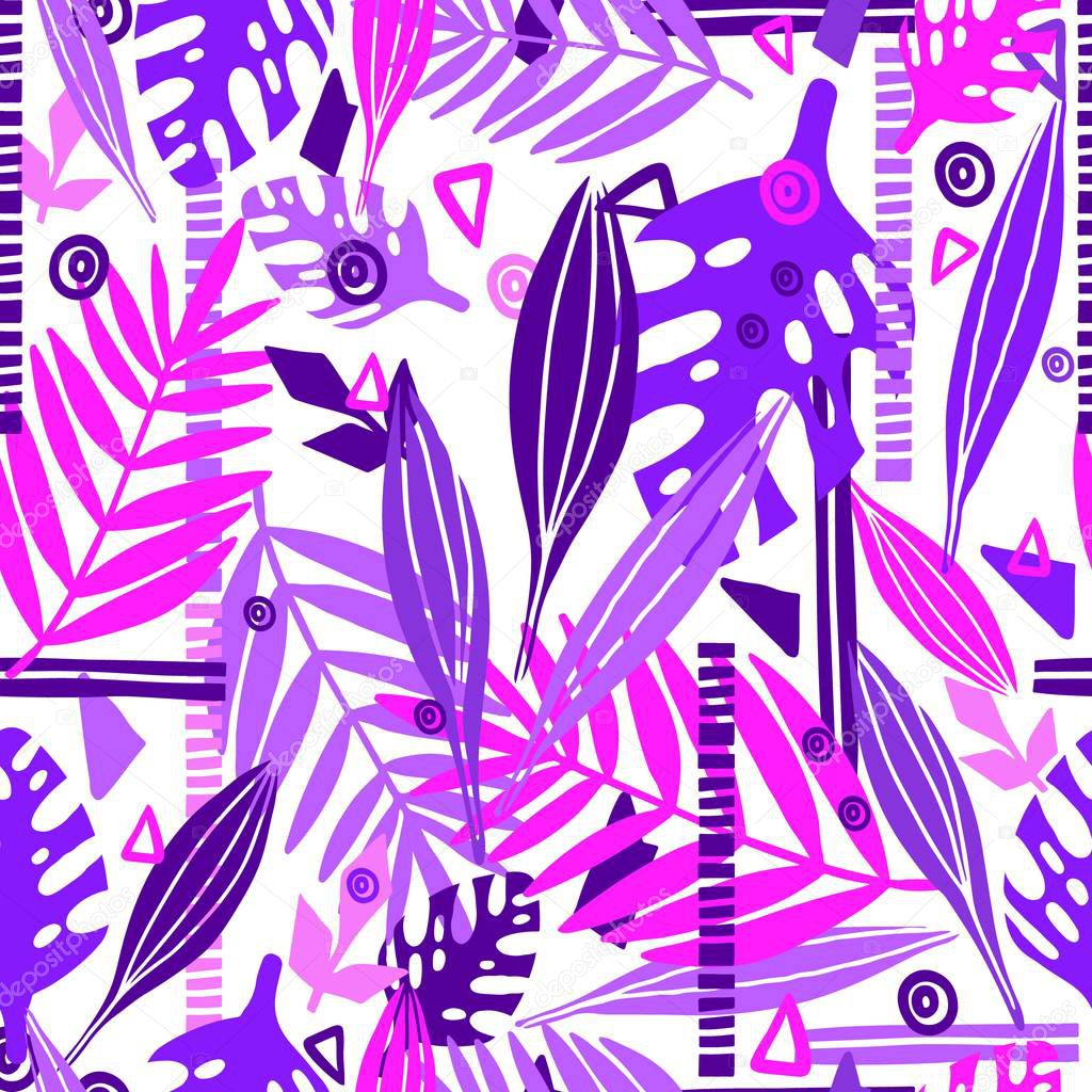 Tropical abstract leaves seamless pattern with geometric shapes. Floral trendy colorful illustration in pink and purple trendy colors. Modern vector botany design scribbles, scrawls. Collage