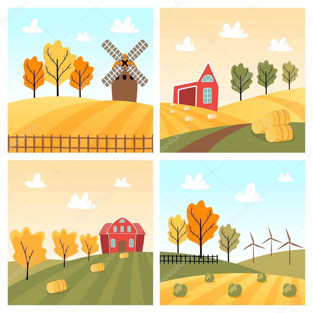 Set of autumn landscapes. Village scenery with field and mill, farm and barn. Rural countryside. Fall concept. Stack of hay and cabbage. Cartoon flat vector