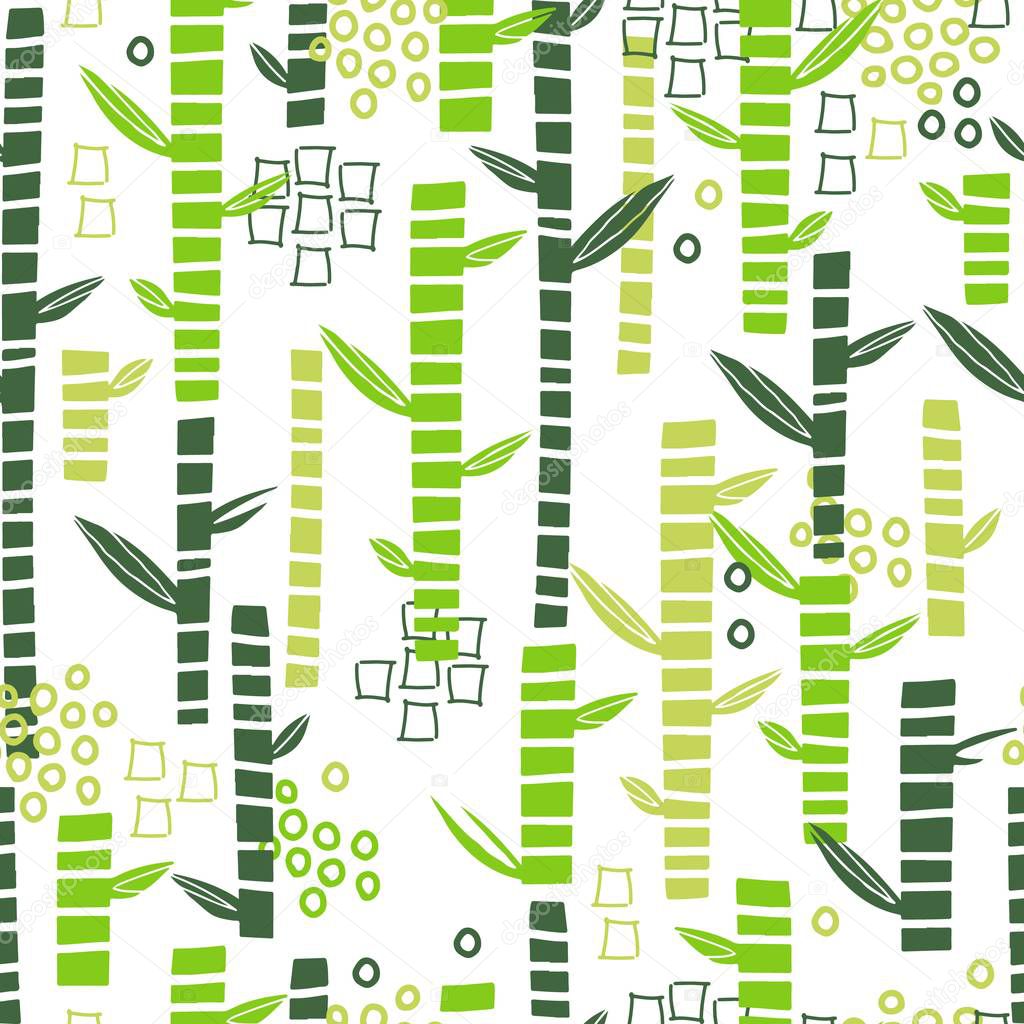 Bamboo seamless pattern with geometric shapes. Leaf trendy l illustration. Modern botany design with scribbles. Collage style. Vector illustration.