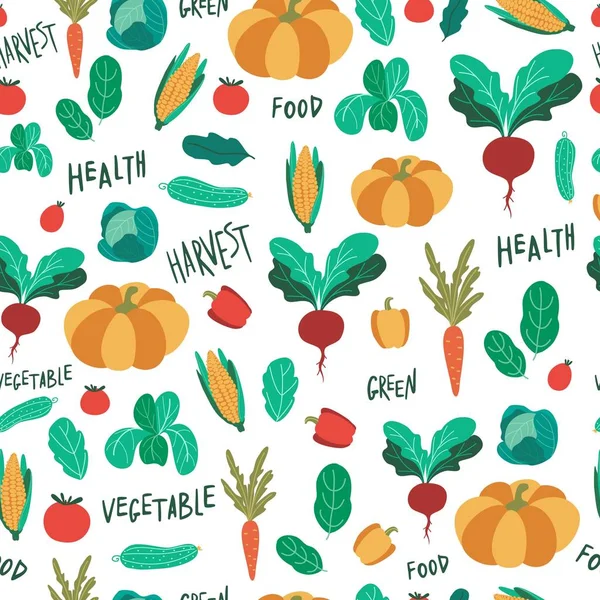 Vegetabiliskt sömlösa mönster med tomat och pumpa, gurka och peppar, majs och kål, sallad och morot. Handritad tecknad vektor illustration — Stock vektor