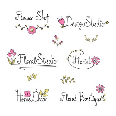 Çiçek dükkanları, çiçekçiler ve tasarım stüdyoları için çiçek logosu. Elle çizilmiş metinle karalama kompozisyonları. kartlar ve kartpostallar için yazı. Düğün ve mutlu yıllar kompozisyonları. Davet ve tebrik