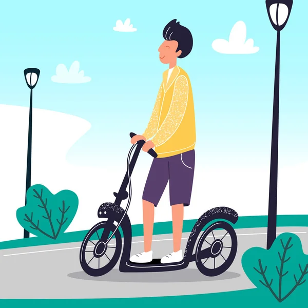 Bon garçon souriant sur le scooter électrique. Les jeunes hommes utilisent les transports urbains écologiques pour voyager. Rue d'été avec personne à pied, route et lanternes. Loisirs actifs. Illustration vectorielle dessin animé plat funky — Image vectorielle