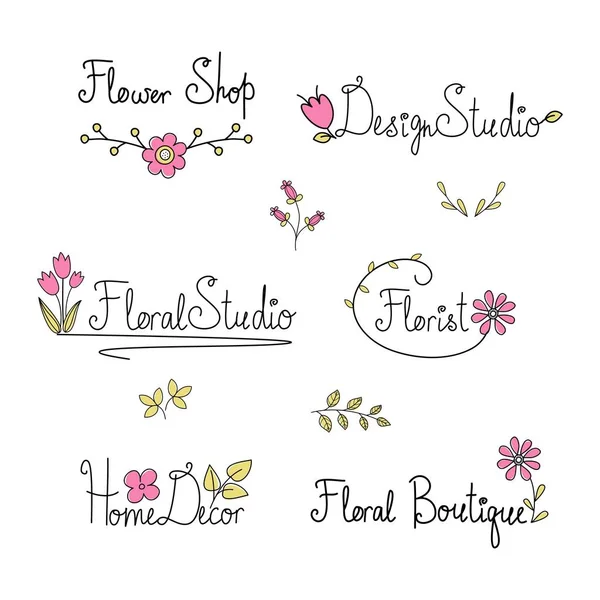 Logotipo floral para florerías, floristerías y estudios de diseño. Doodle composiciones con texto dibujado a mano. letras para tarjetas y postales. Boda y feliz cumpleaños composiciones. Invitación y saludo — Archivo Imágenes Vectoriales