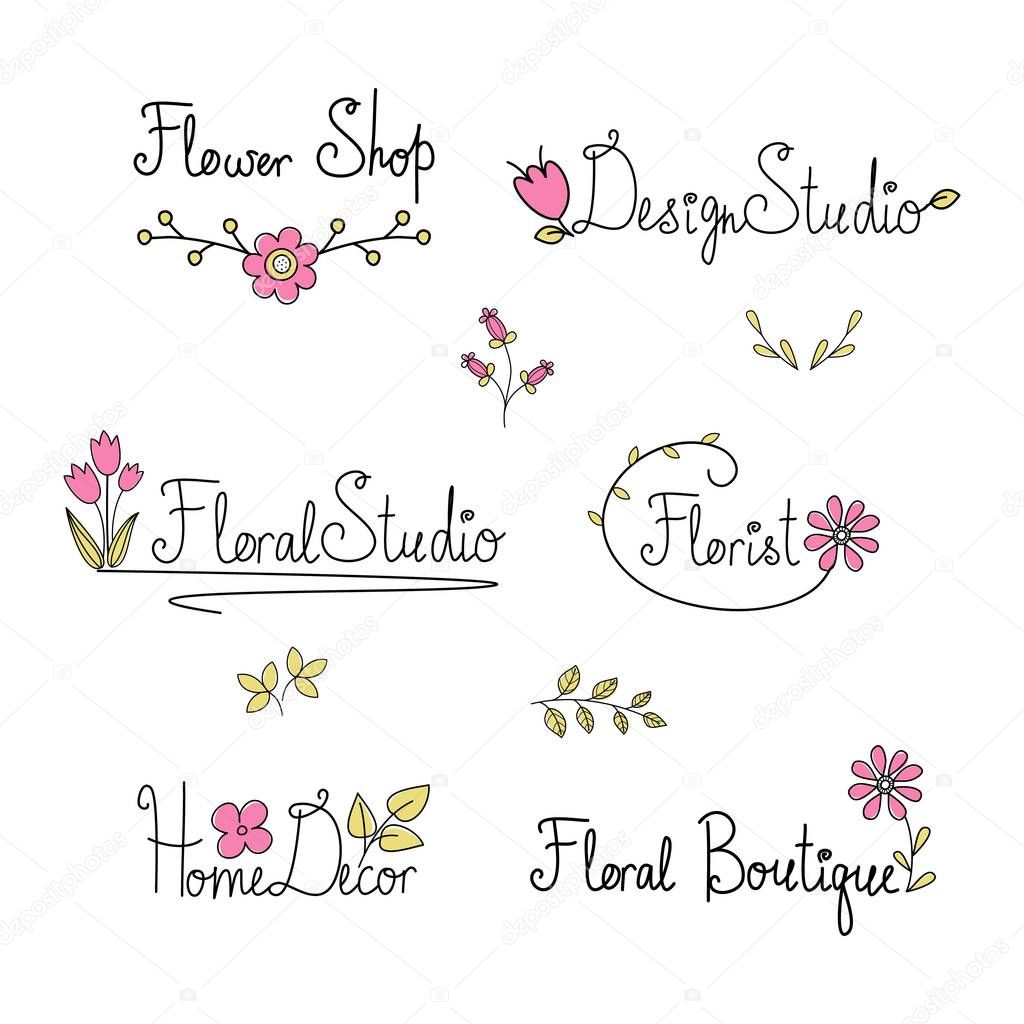 Floral logo for flower shops, florists and design studios. Doodle compositions with hand drawn text. lettering for cards and postcards. Wedding and happy birthday compositions. Invitation and greeting