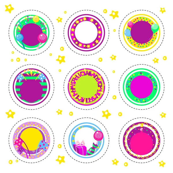 Holiday happy birthday badges or stickers with place for number of age and different balloons, gifts and colorful caps. Kids fun design for cards, invitations and posters. Decoration for happy