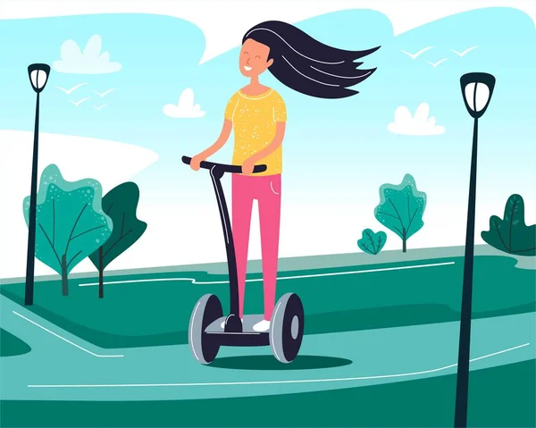 Menina sorridente feliz na scooter elétrica. Jovem usa transporte eco cidade para viajar. Rua de verão com pessoa ambulante, estrada e lanternas. Lazer ativo. Desenho animado ilustração vetorial plana — Vetor de Stock