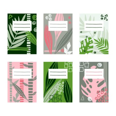 Dizüstü bilgisayarlar ve eskiz defteri için şablon tasarımı bırakan sayfalar. Karalama vektör kolajı. Palmiye yaprağı, bambu ve funky tasarımlar için farklı geometri şekilleri ile el çizilmiş illüstrasyon.