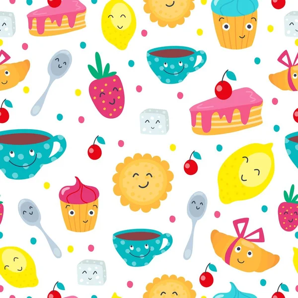 Divertente modello di cartone animato senza soluzione di continuità con dolci e tazza di tè con volti ed emozioni per i bambini. Belle tazze e dolci emoji con il sorriso. Illustrazione vettoriale, piatto del fumetto — Vettoriale Stock