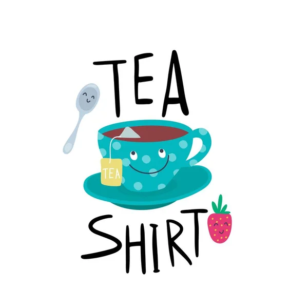 Funny cartoon tea cup face. Cute mugs and sweets emojis. Tea shirt humor design. T-shirt concept. Vector illustration, cartoon flat — Stock Vector