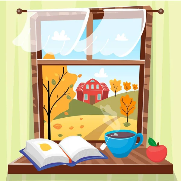 Ağaçlar, ev ve alan ile güzel sonbahar manzarası ile rahat sonbahar penceresi. Kitap, elma ve pencere de çay bir fincan. Hygge kavramı. Vektör illüstrasyon karikatür düz