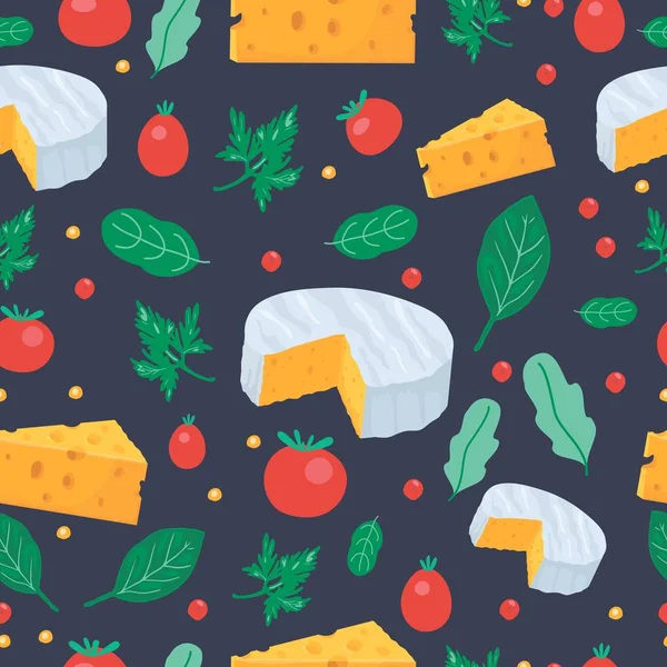 Cheese and tomato seamless pattern with greenery on the dark background. Food cartoon backdrop. Meal design for wrapping cover. Vector — Stock Vector