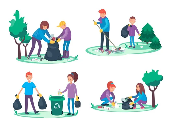 Anak-anak mengambil sampah dan sampah. Konsep pembersihan lingkungan. Sekelompok orang membuat hutan atau taman bersih atau rapi. Ilustrasi ekologi vektor kartun datar - Stok Vektor