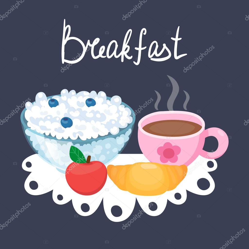 Delicious Breakfast food with cottage cheese and tea cup, croissant and apple. Healthy meal on the tablecloth. Bowl with curd and blueberries. Cartoon flat vector