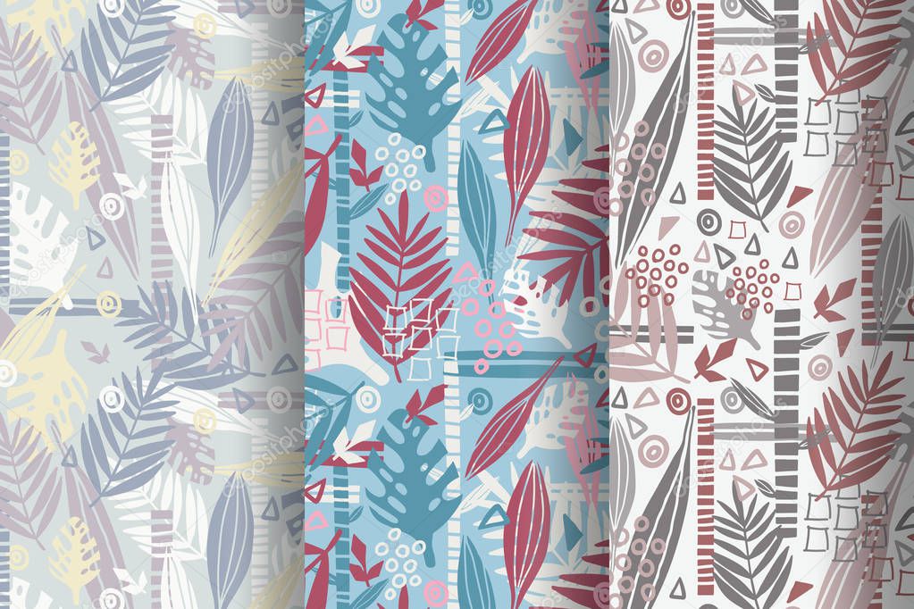 Tropical abstract leaves seamless pattern collection with geometric shapes. Floral trendy colorful illustration in pastel trendy colors. Modern vector botany design scribbles, scrawls. Collage