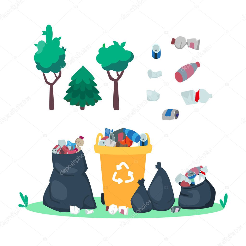 Garbage in the dumpster. Trash can and bags. Rubbish in the forest. Plastic bottles and junks. Dump and trees. Environmental concept. Vector illustration, cartoon flat