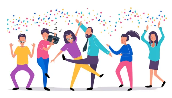 Des jeunes danseurs au club avec des confettis. Joyeux garçons et filles à la fête. Homme rieur avec flûte à bec et musique. Funky dessin animé plat. Illustration vectorielle . — Image vectorielle