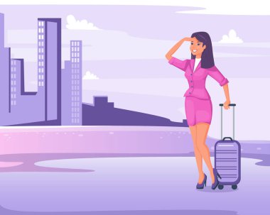Pembe elbiseli, çantalı güzel bir kadın büyük şehre geliyor. Metropolis caddesinde duran ve uzaklığa bakan bir kız. Şehir karikatür vektörü