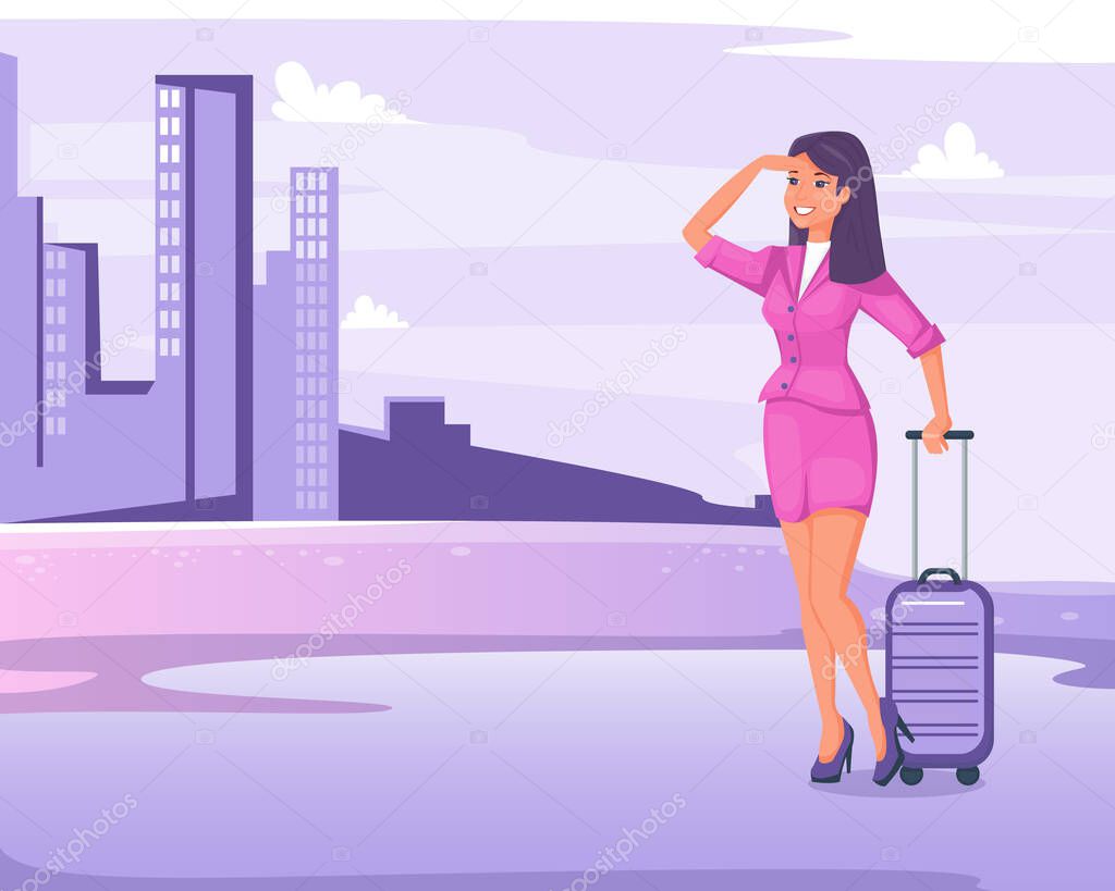 Young pretty woman in pink clothes with bag arriving in big city. Girl standing on the street of metropolis and looking into the distance. Cityscape cartoon vector