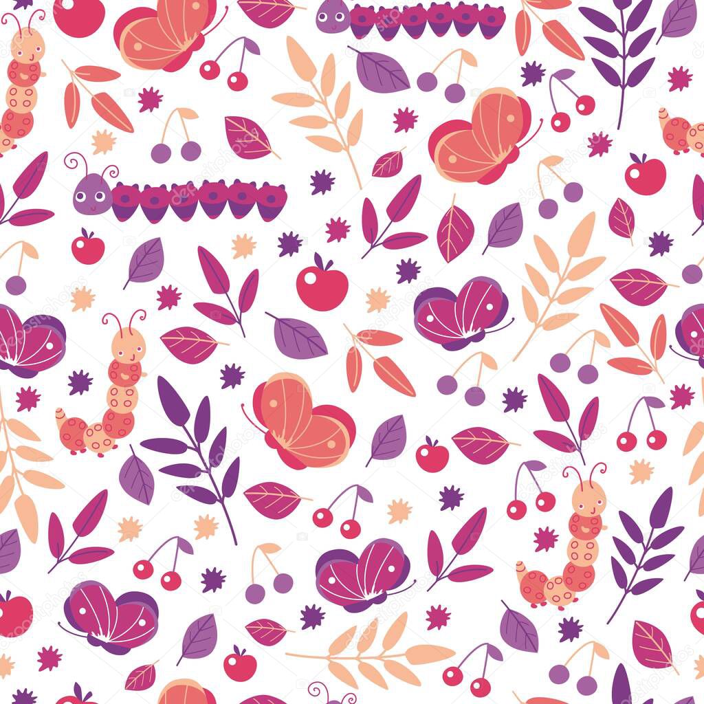 Butterflies and leaves seamless pattern in bright colors for kids design. Cartoon cute smiling animals repeat background for wallpaper and textile. Autumn decor. Vector illustration, cartoon flat