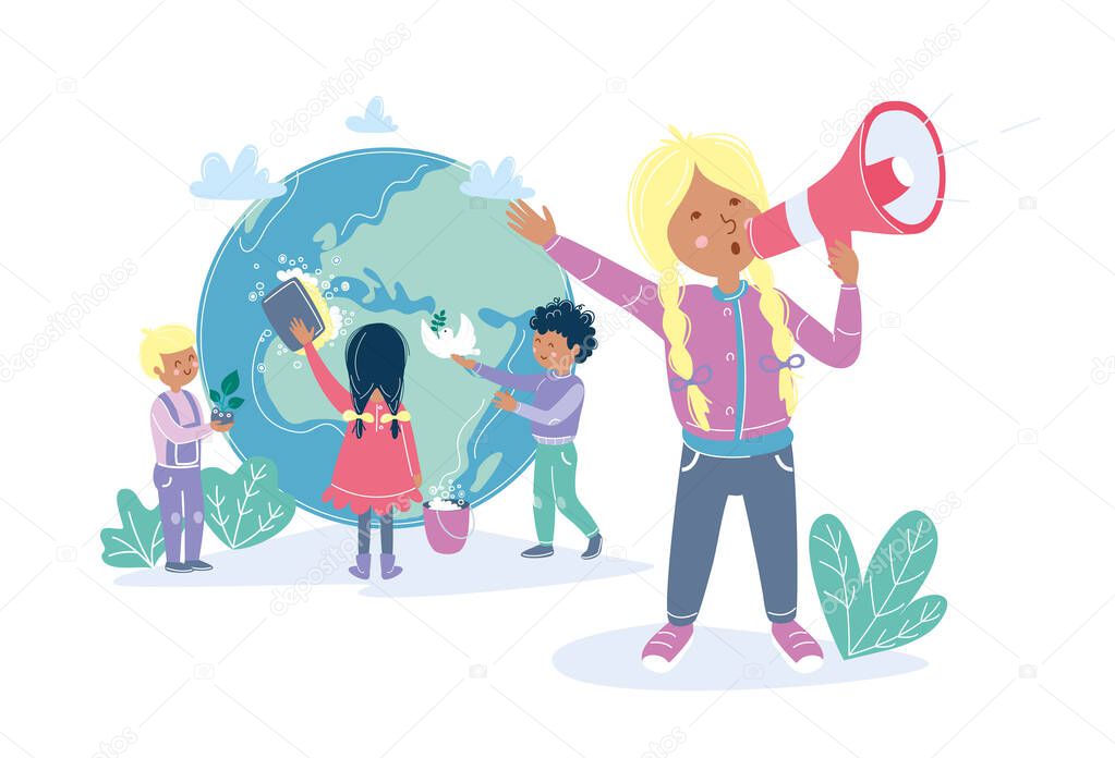 Kids making care about Earth. Girl holding a megaphone and calling people to protect planet. Ecology environment attention concept with children and globe. Vector illustration flat cartoon