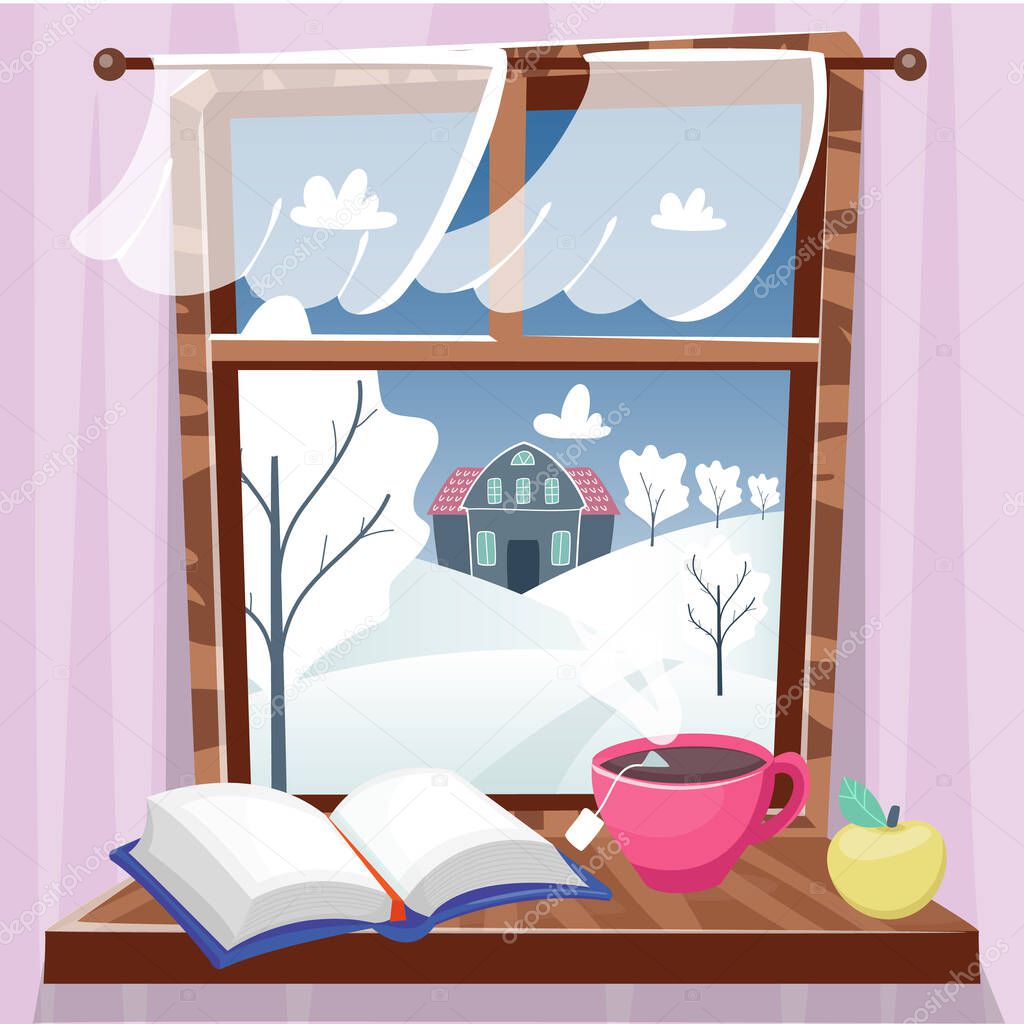 Cozy winter window with beautiful view with trees, house and field. Book, apple and cup of tea on the windowsill. Hygge concept. Vector illustration cartoon flat