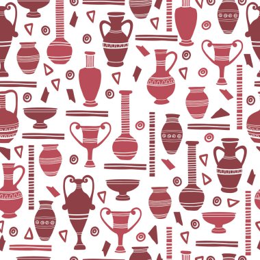 Antik kil vazolar pürüzsüz desen. Mısır ve Yunan tencereleri, amforalar ve sürahiler. Sanat ve zanaat konsepti. El çizimi arkeolojik siluetler. Vektör düz resimleme.