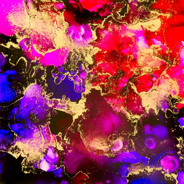 Red and purple shades and gold dust in alcohol inks.