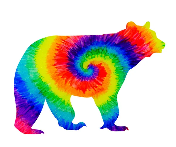 Eine Braune Bärensilhouette Mit Einem Handbemalten Krawatten Farbstoff Regenbogen Design — Stockfoto