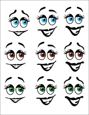 Eğlenceli karikatür emoji yüzler mutlu ifadeler, mavi, kahverengi ve yeşil gözleri ve kaşları ile.