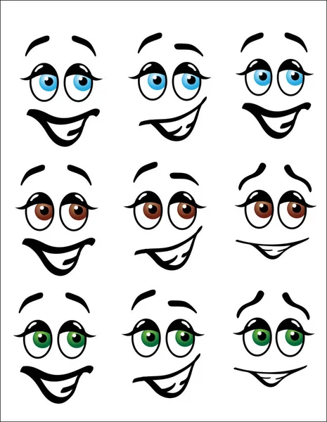 Fun Cartoon Emoji Faces Happy Expressions Blue Brown Green Eyes — Stock Vector