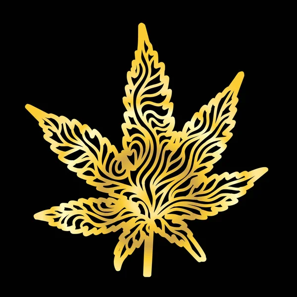 大麻叶的手绘涂鸦画 在黄金梯度的粗线 — 图库矢量图片