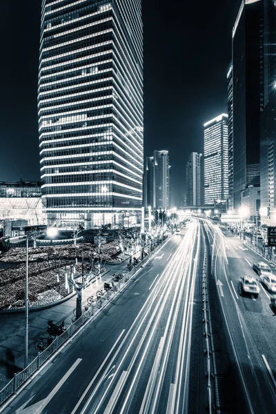 Light Trails Modern Building Background Shanghai China — Stock Photo, Image