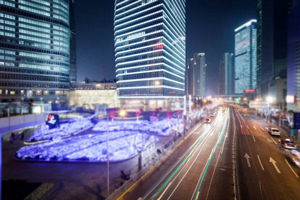 Light Trails Modern Building Background Shanghai China — Stock Photo, Image