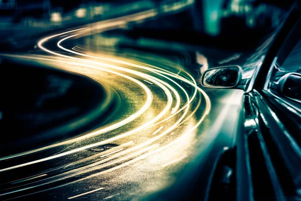 Vista Desde Lado Del Coche Que Vuelta Esquina Movimiento Borroso — Foto de Stock