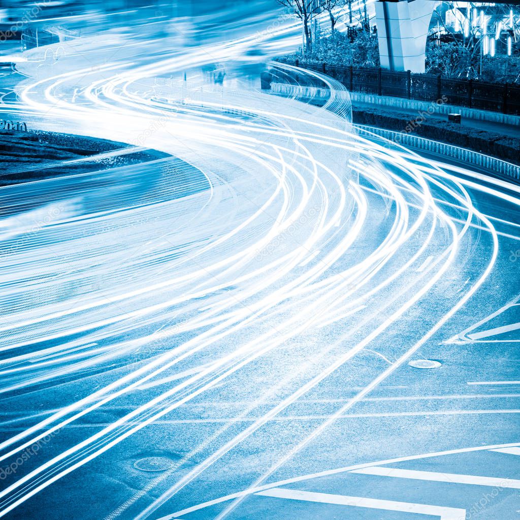 the light trails on the steet in shanghai china.