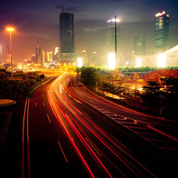 Light Trails Modern Building Background Shanghai China — Stock Photo, Image