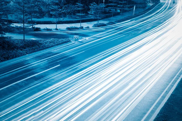 Light Trails Modern Building Background Shanghai China — Stock Photo, Image