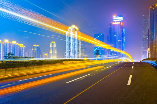 Light Trails Modern Building Background Shanghai China — Stock Photo, Image