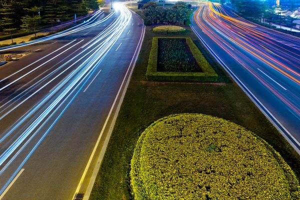 Light Trails Modern Building Background Shanghai China Stock Photo