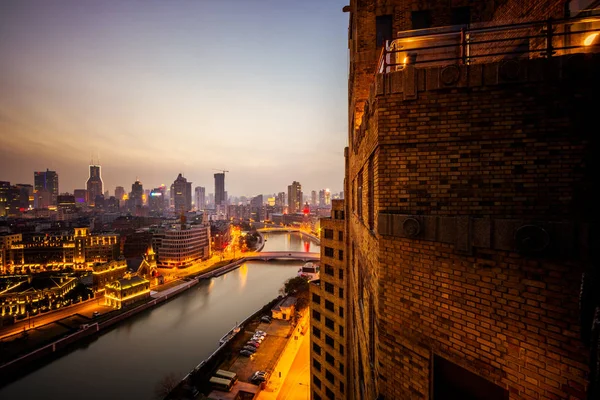 Vista Nocturna Shanghai China Río Huangpu Bund — Foto de Stock