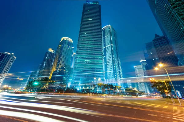 Light Trails Modern Building Background Shanghai China Stock Photo