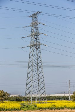 Gökyüzü arkaplanlı yüksek voltaj kuleleri. 