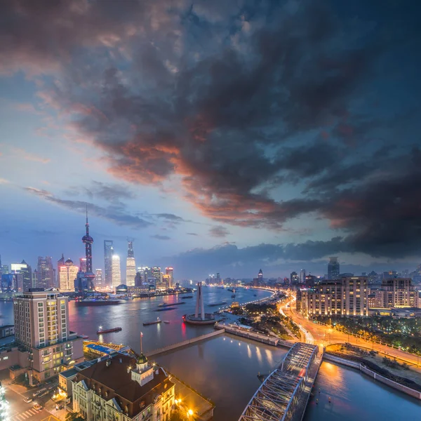 Vista Notturna Shanghai Cina Fiume Huangpu Bund — Foto Stock
