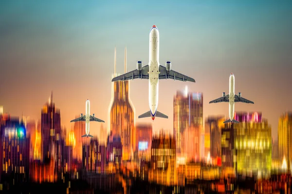 Airplane Fly City Night Shanghai China — Stock Photo, Image