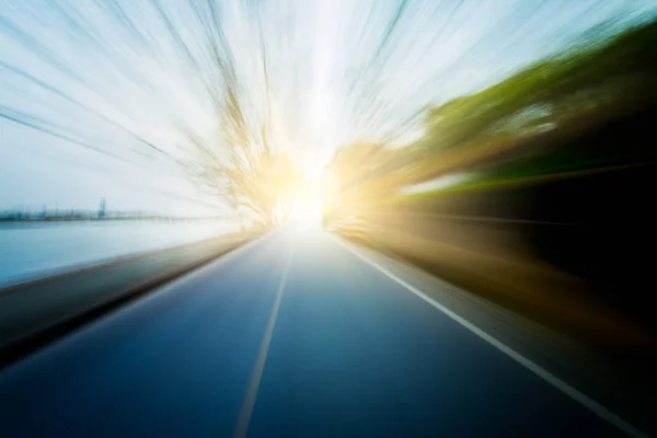 Motion Blur Road Acelerando Carro Através Floresta — Fotografia de Stock