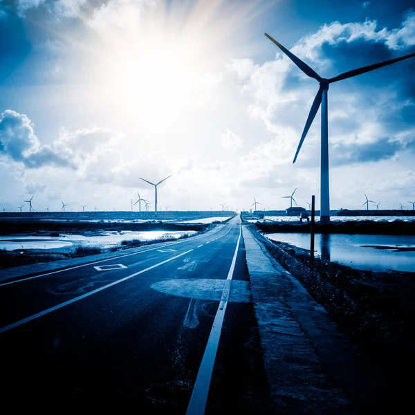 Wind Turbines Landscape Empty Road Sky — Stock Photo, Image