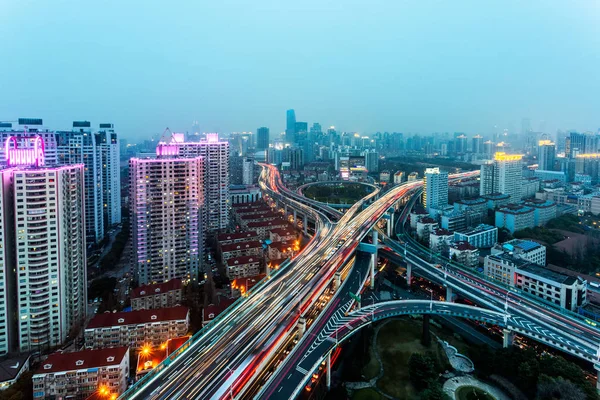 Luftaufnahme Der Überführung Bei Nacht Shanghai China — Stockfoto