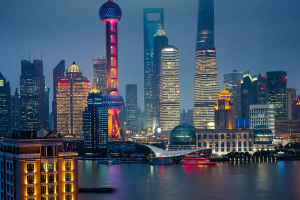 Wgląd Nocy Szanghaju Chiny Rzekę Huangpu Bund — Zdjęcie stockowe