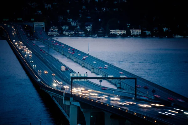 view of high way on night time,i-90 from seattle to Mercer island,WA,USA.