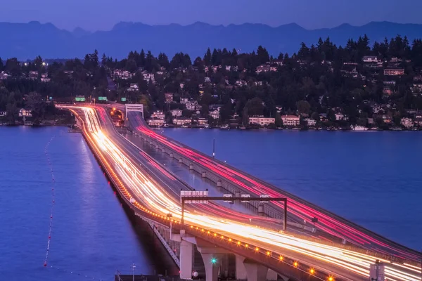 view of high way on night time,i-90 from seattle to Mercer island,WA,USA.